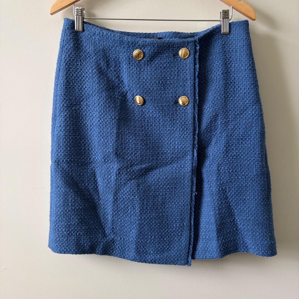 Talbots Blue Cotton Tweed Mini Skirt Gold Button Wrap Fringe 10 383565 NEW